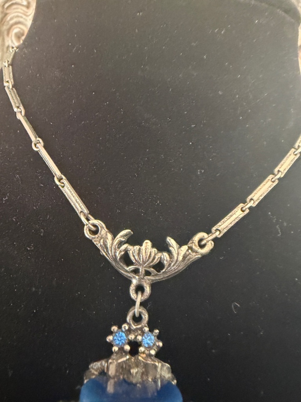 Vintage Moonglow Blue Thermoset Rhinestone Necklace 15” Box Clasp - Picture 5 of 5
